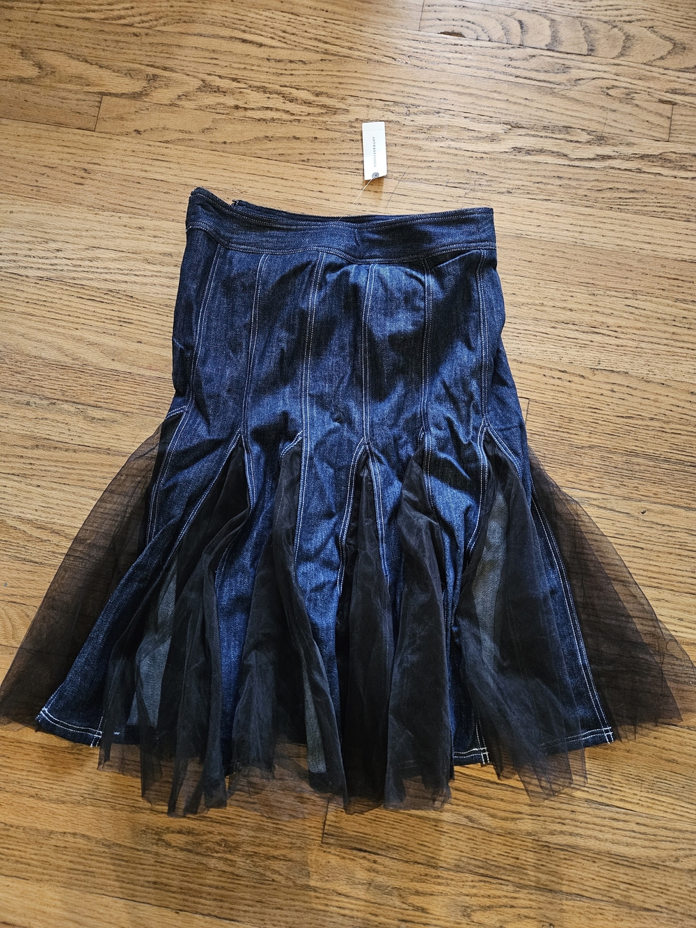 Pilcro Denim Skirt with Black Tulle Panels
